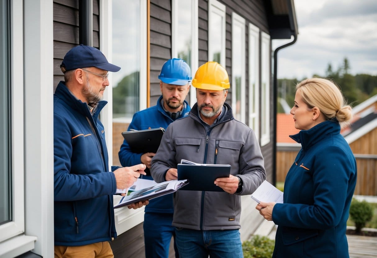 A homeowner in Nordsjælland interviews skilled craftsmen for a facade renovation inspecting portfolios and discussing project details