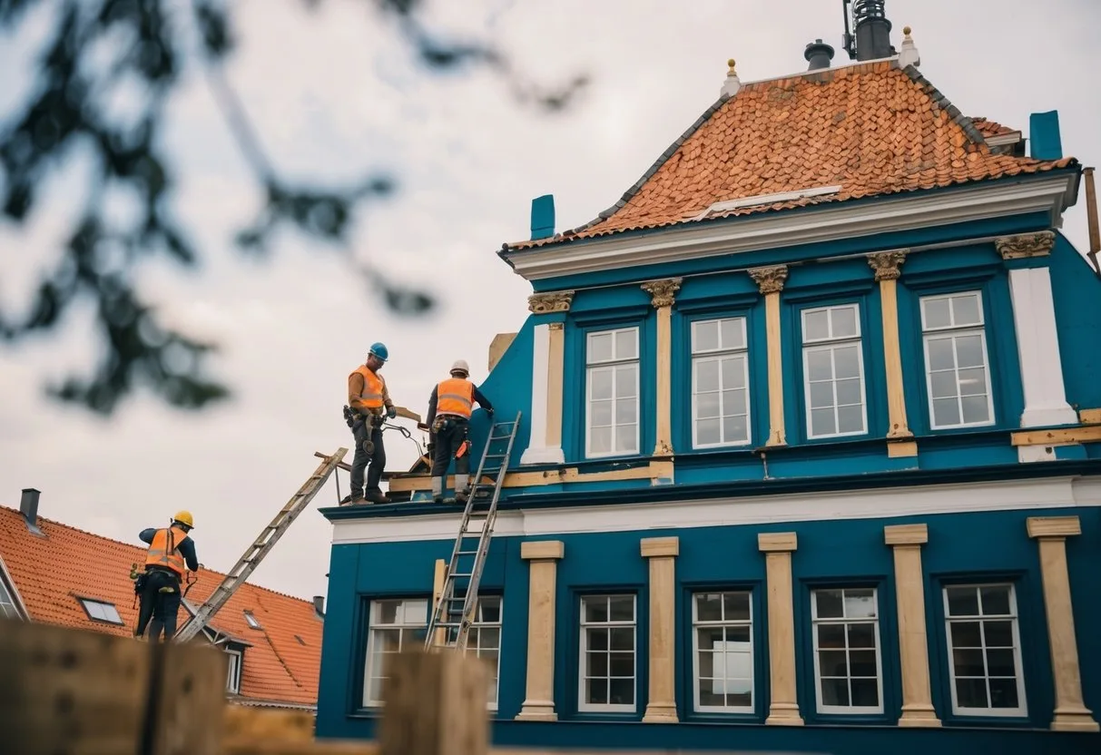 A group skilled workers renovating a historic buildings facade in Helsingør Denmark using traditional methods and modern tools